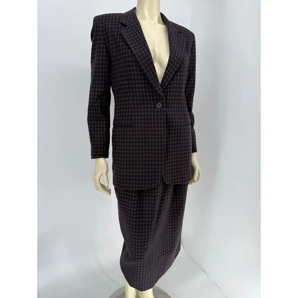 Leslie Faye Sportswear Vintage‎ Wool Blend Skirt Suit Purple Check 8 Petite